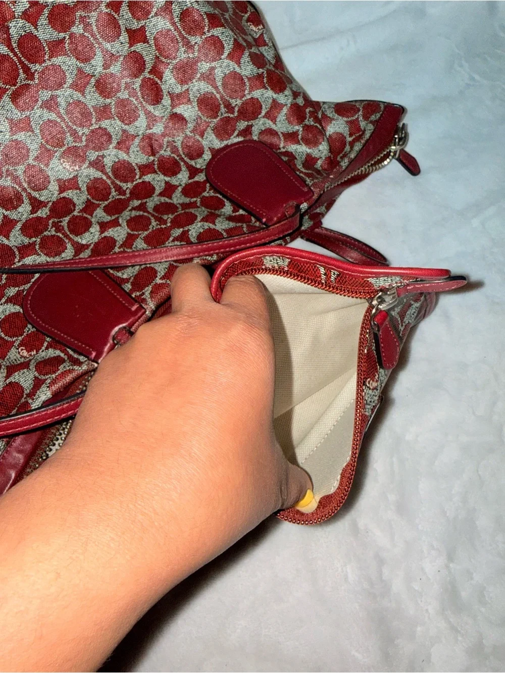 Coach Signature Coated Canvas Taxi Zip Top Red Tote with Removable Pouch